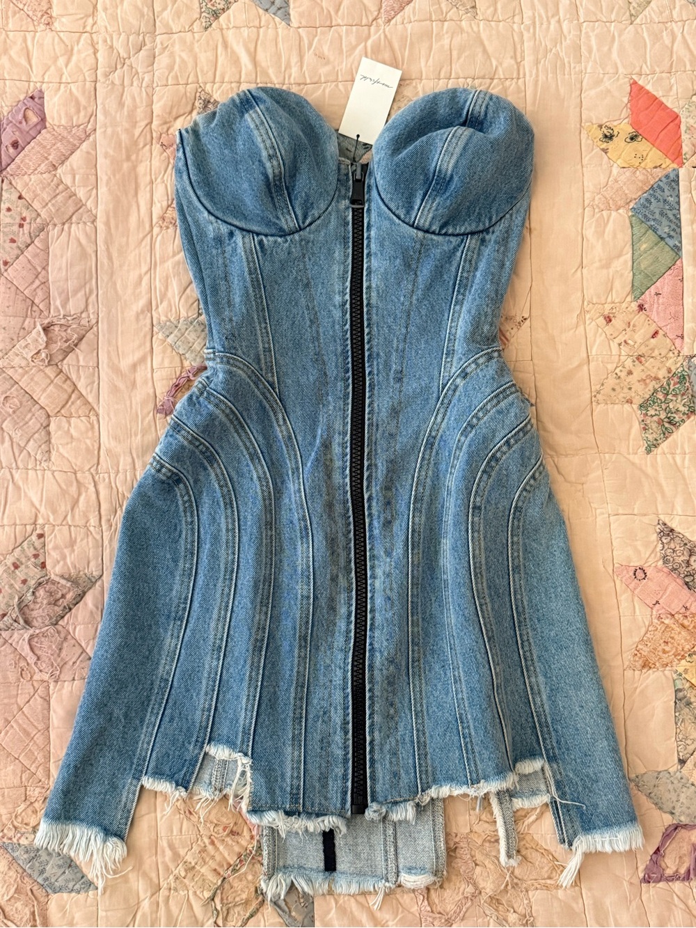 NWT Natasha Zinko Denim Corset Dress | S | Light Wash Strapless Frayed Hem